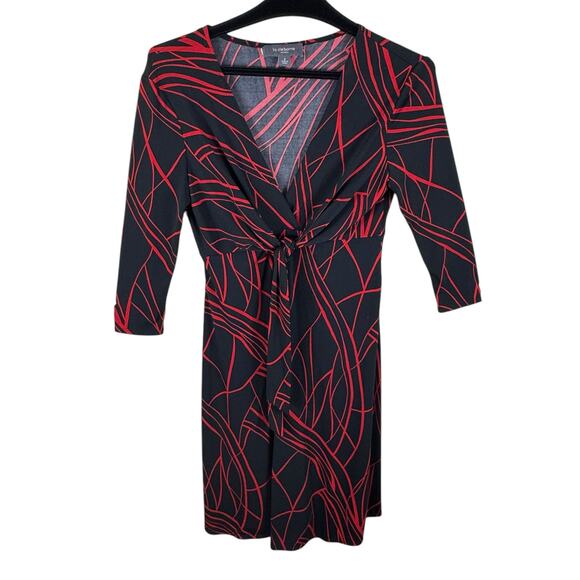 Liz Claiborne Black Red 3/4 Sleeve V-Neck Stretchy Knee Length Sheath Dress Sz 6 - Picture 1 of 6